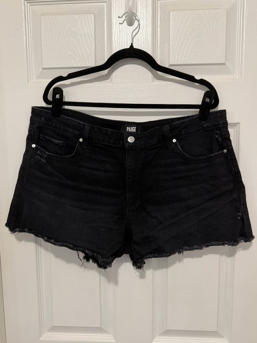 PAIGE Black Frayed Hem Denim Shorts